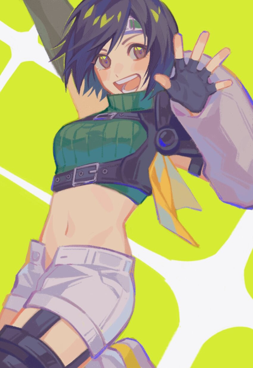 1girl, arm_up, black_gloves, black_hair, breasts, brown_eyes, commentary_request, cropped_sweater, detached_sleeves, final_fantasy, final_fantasy_vii, final_fantasy_vii_remake, fingerless_gloves, gloves, green_sweater, hand_up, hao_xiang_yishui_bu_xing, headband, highres, looking_at_viewer, medium_breasts, midriff, navel, open_fly, open_hand, open_mouth, short_hair, shorts, single_detached_sleeve, single_shoulder_pad, sleeveless, sleeveless_turtleneck, solo, sweater, turtleneck, turtleneck_sweater, yuffie_kisaragi