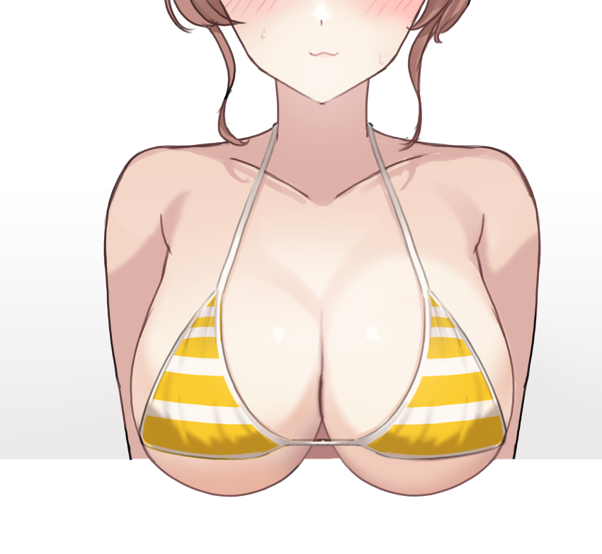 1girl, :3, anguss, bikini, blush, breast_focus, breasts, brown_hair, cropped_torso, facing_viewer, head_out_of_frame, highres, large_breasts, micro_bikini, sidelocks, simple_background, solo, striped_bikini, striped_clothes, sweat, swimsuit, underboob, upper_body, victory_(waktaverse), virtual_youtuber, waktaverse, white_background, white_bikini, yellow_bikini