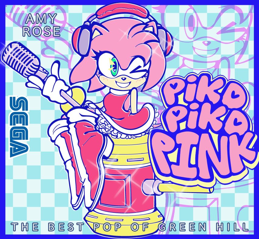 absurdres, amy_rose, animal_ears, animal_nose, boots, bracelet, character_name, copyright_name, dress, english_text, full_body, furry, furry_female, gloves, gold_bracelet, green_eyes, hammer, headphones, hedgehog, hedgehog_girl, highres, holding, holding_microphone, jewelry, kaylla, microphone, one_eye_closed, pink_fur, red_boots, red_dress, sega, short_dress, short_tail, solo, sonic_(series), tail, toy_hammer, zoom_layer