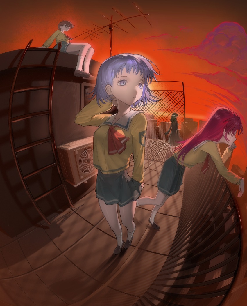 4girls, against_railing, aihara_mizuho, arm_support, ascot, bandaged_head, bandages, black_hair