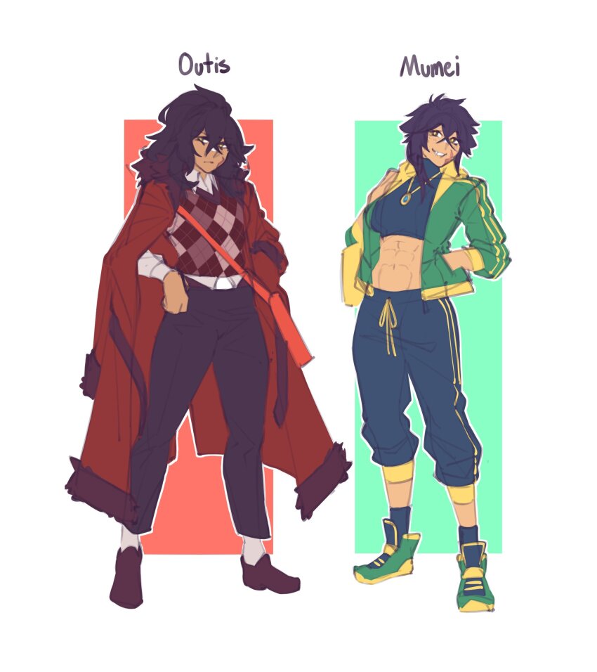 2girls, abs, brown_eyes, buskhusker, crop_top, full_body, hair_between_eyes, highres