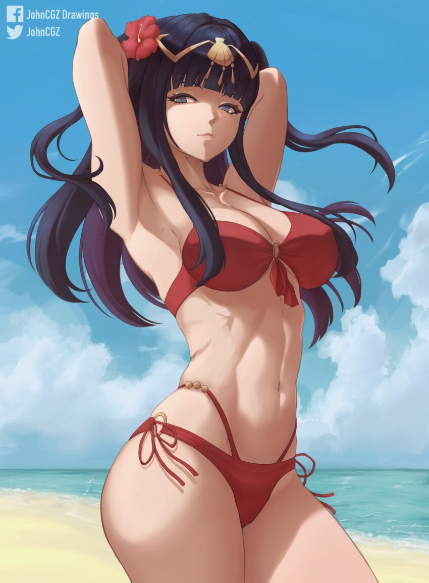 1girl, arms_up, bikini, black_hair, blunt_bangs, breasts, cleavage, fire_emblem