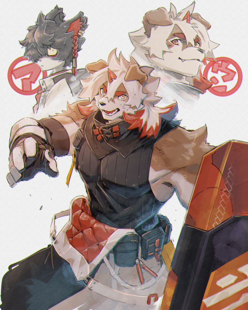 2boys, aak_(arknights), animal_ears, arknights, bara, braid, commentary_request, furry, furry_male, furry_with_furry, gloves, highres, holding, holding_shield, horns, hung_(arknights), kajika_(ka_ji_ka), looking_at_viewer, male_focus, multicolored_hair, multiple_boys, mythological_creature, pectorals, shield, shirt, single_horn, sleeveless, sleeveless_shirt, white_background