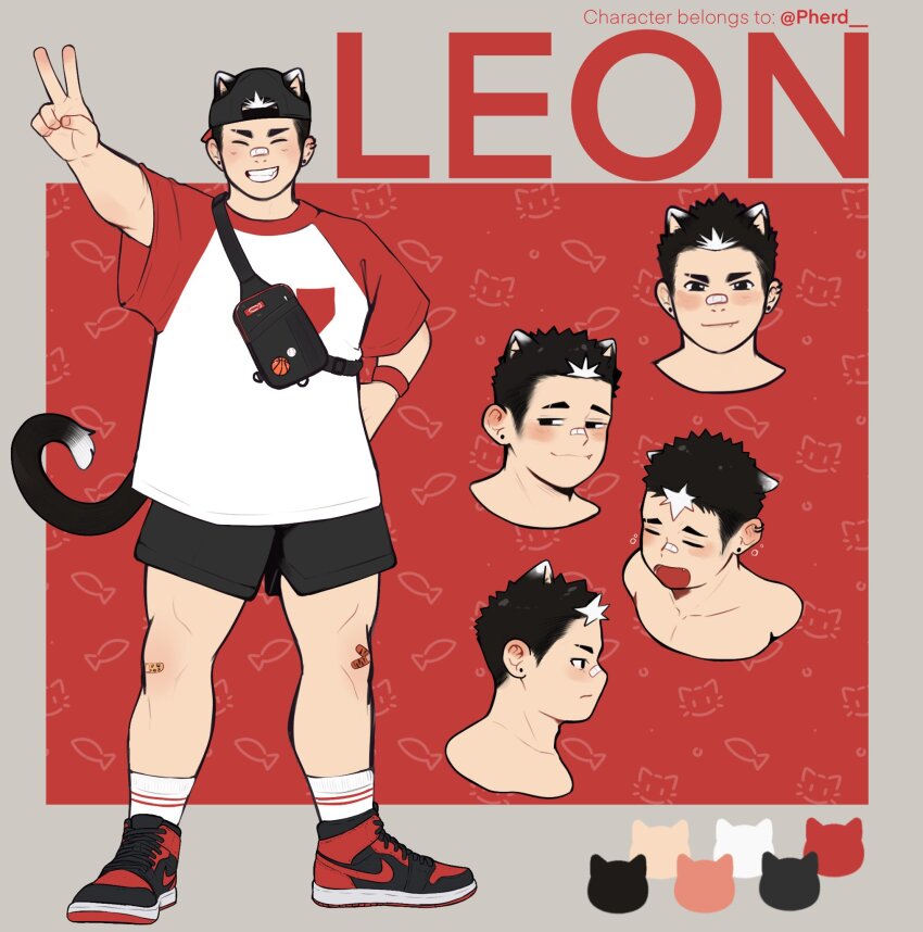 1boy, animal_ears, backwards_hat, bandaid, bandaid_on_face, bandaid_on_knee, bandaid_on_leg, bandaid_on_nose