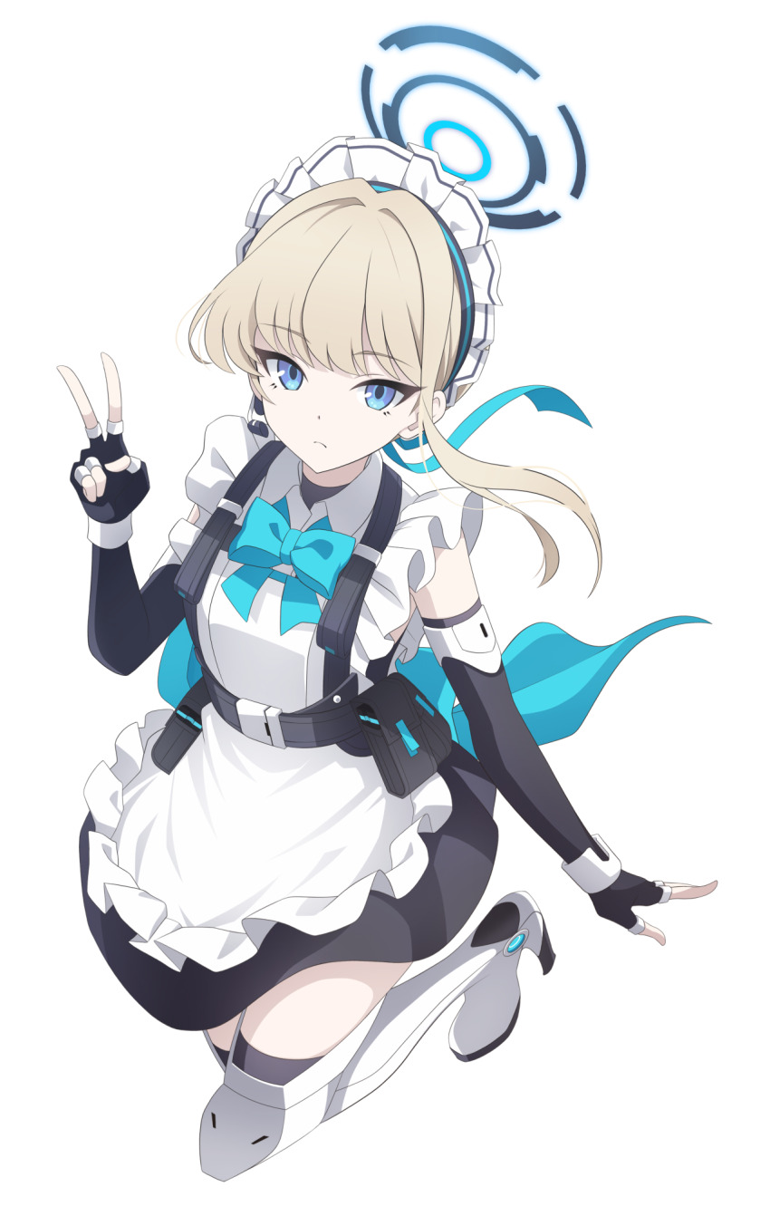 1girl, akizawa, apron, black_gloves, black_thighhighs, blonde_hair, blue_archive, blue_bow