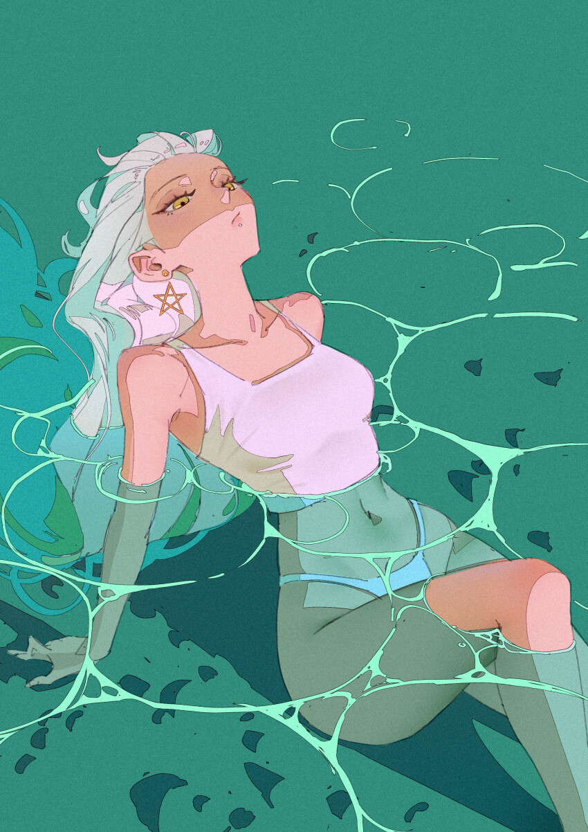 1girl, absurdres, covered_navel, earrings, feet_out_of_frame, ga_is, green_background, head_back