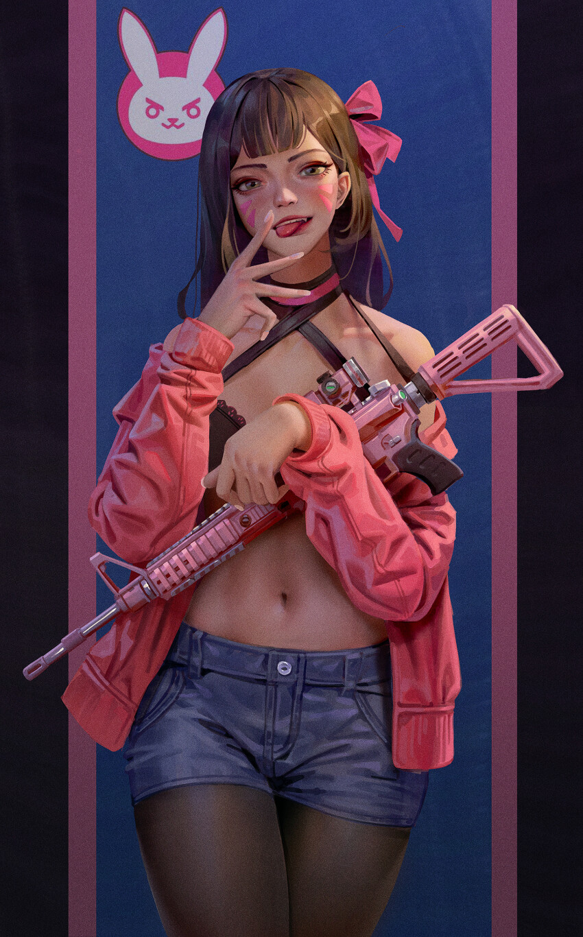 1girl, absurdres, ar-15, assault_rifle, brown_hair, d.va_(overwatch), denim, denim_shorts, facepaint, facial_mark, ga_is, gun, hair_ribbon, highres, holding, holding_gun, holding_weapon, jacket, long_hair, looking_at_viewer, machine_gun, makeup, midriff, navel, off-shoulder_jacket, off_shoulder, open_clothes, open_jacket, overwatch, pantyhose, rail_(weapon), red_lips, ribbon, rifle, scope, sharp_teeth, short_shorts, shorts, teeth, tongue, tongue_out, weapon, whisker_markings