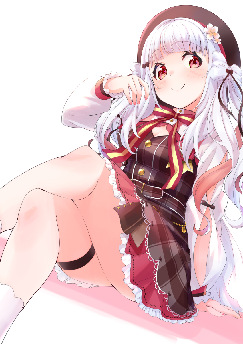 1girl, alternate_costume, amagi_ten, beret, blush, breasts, cleavage, closed_mouth, commentary_request, crossed_legs, fingernails, flower, grey_hair, hair_flower, hair_ornament, hat, highres, indie_virtual_youtuber, long_hair, medium_breasts, ribbon, simple_background, sitting, smile, solo, speed_skin, virtual_youtuber, white_background