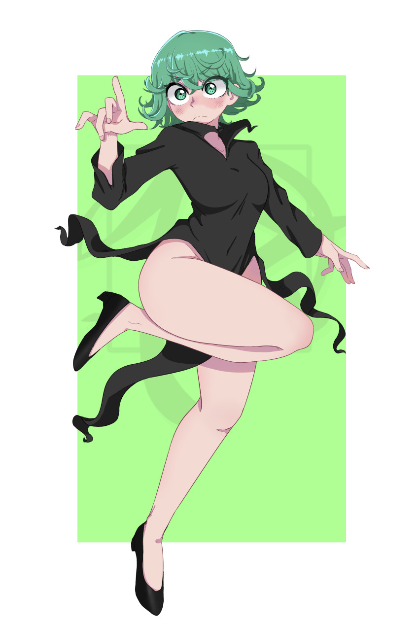 1girl, :<, absurdres, ass, bare_hips, bare_legs, black_dress, blush, breasts, curly_hair, curvy, dress, green_eyes, green_hair, high_collar, highres, hiivenn, huge_ass, index_finger_raised, medium_breasts, messy_hair, one-punch_man, one_leg_raised, tatsumaki, thick_thighs, thighs, wide_hips