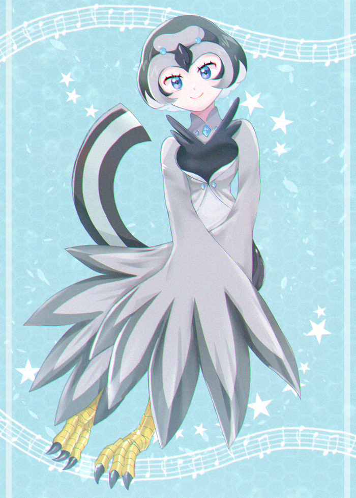 1girl, beamed_eighth_notes, bird_legs, bird_tail, blue_background, blue_eyes, commentary_request, duel_monster