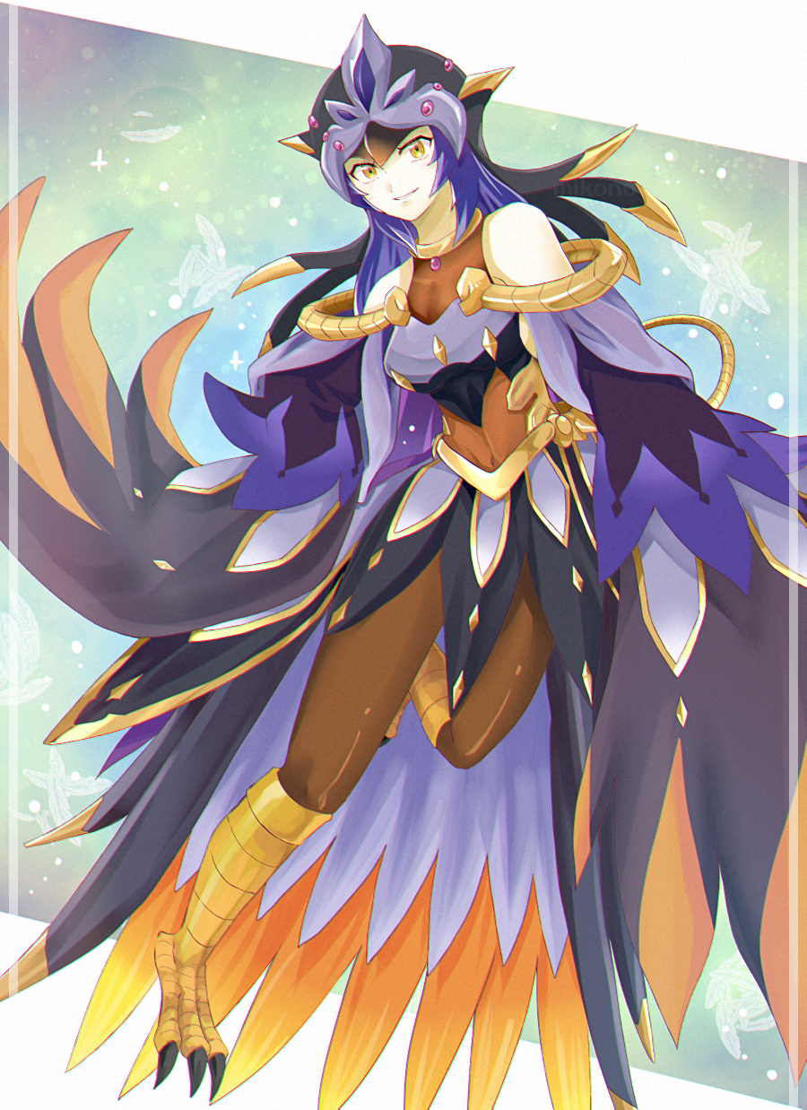 1girl, bare_shoulders, bird_legs, bird_tail, breasts, brown_pantyhose, commentary_request, covered_navel, duel_monster, harpy, highres, looking_at_viewer, lyrilusc_-_promenade_thrush, medium_breasts, miconomico, monster_girl, navel, pantyhose, parted_lips, smile, solo, tail, talons, winged_arms, wings, yellow_eyes, yu-gi-oh!