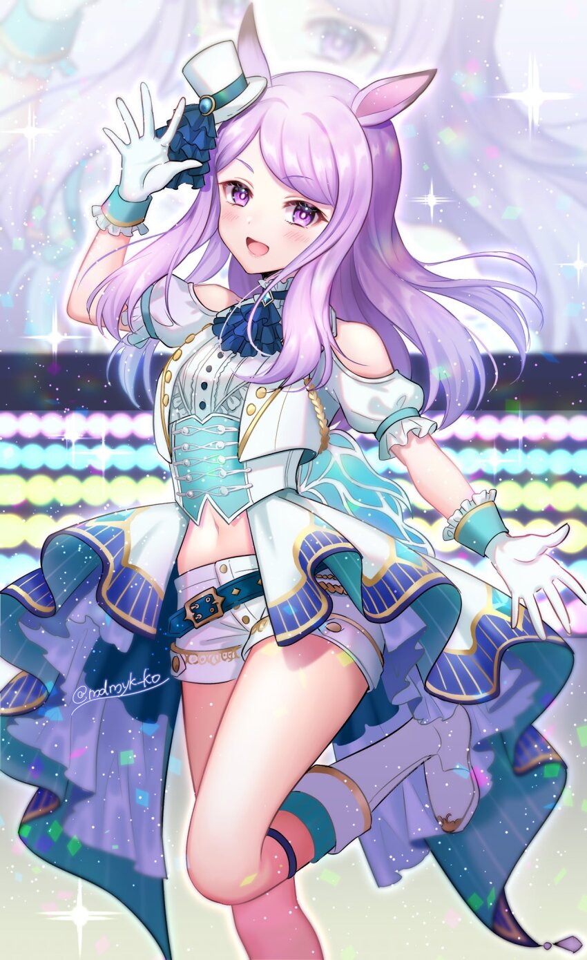 1girl, animal_ears, clothing_cutout, glitter, gloves, grey_background, hat, highres