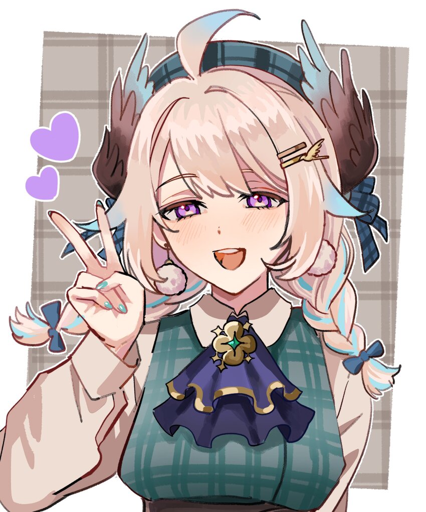 ahoge, aqua_hair, aqua_nails, ascot, beret, bird_hair_ornament, blonde_hair, blush