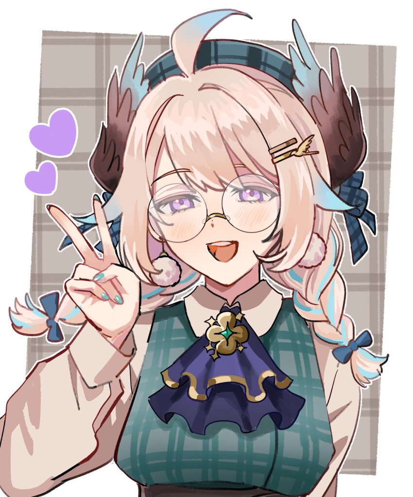 ahoge, aqua_hair, aqua_nails, ascot, beret, bird_hair_ornament, blonde_hair, blush