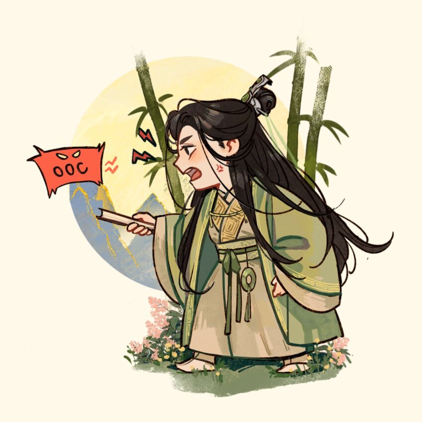 1boy, anger_vein, angry, bamboo, black_eyes, black_hair, chibi, chinese_clothes