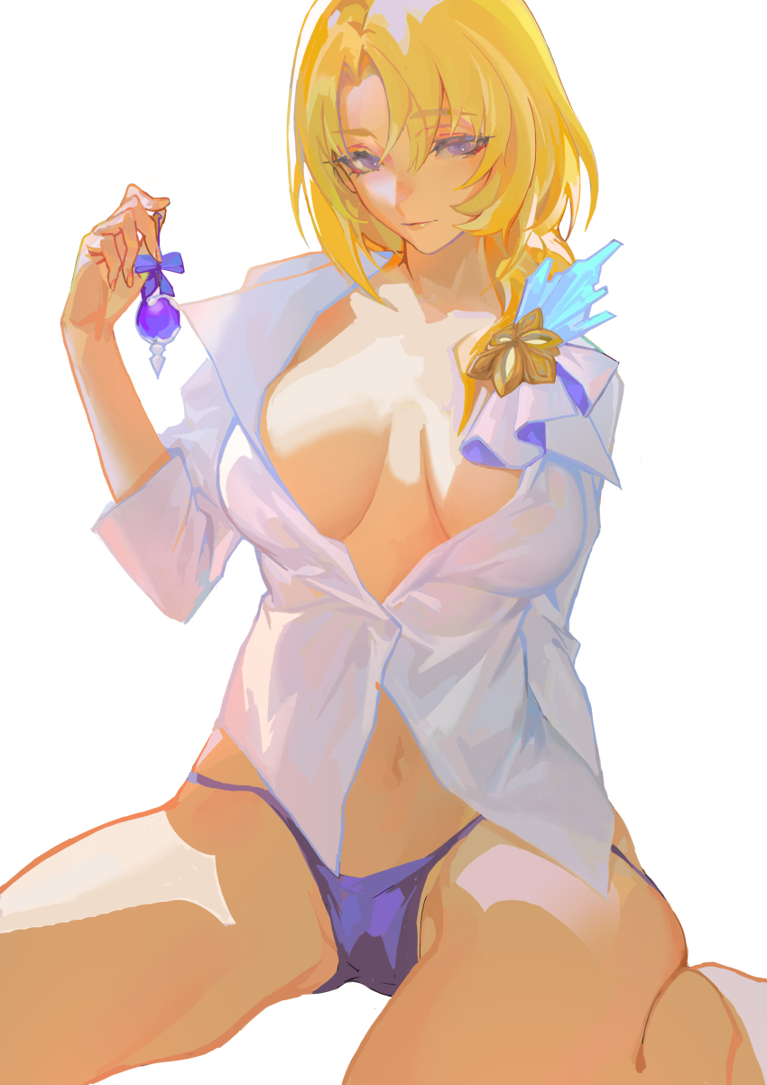 1girl, absurdres, blonde_hair, breasts, cocolia_rand, guiguz, highres, honkai:_star_rail, honkai_(series), long_hair, loose_clothes, medium_breasts, navel, no_bra, panties, see-through_clothes, simple_background, sitting, unbuttoned, underwear, wariza, white_background