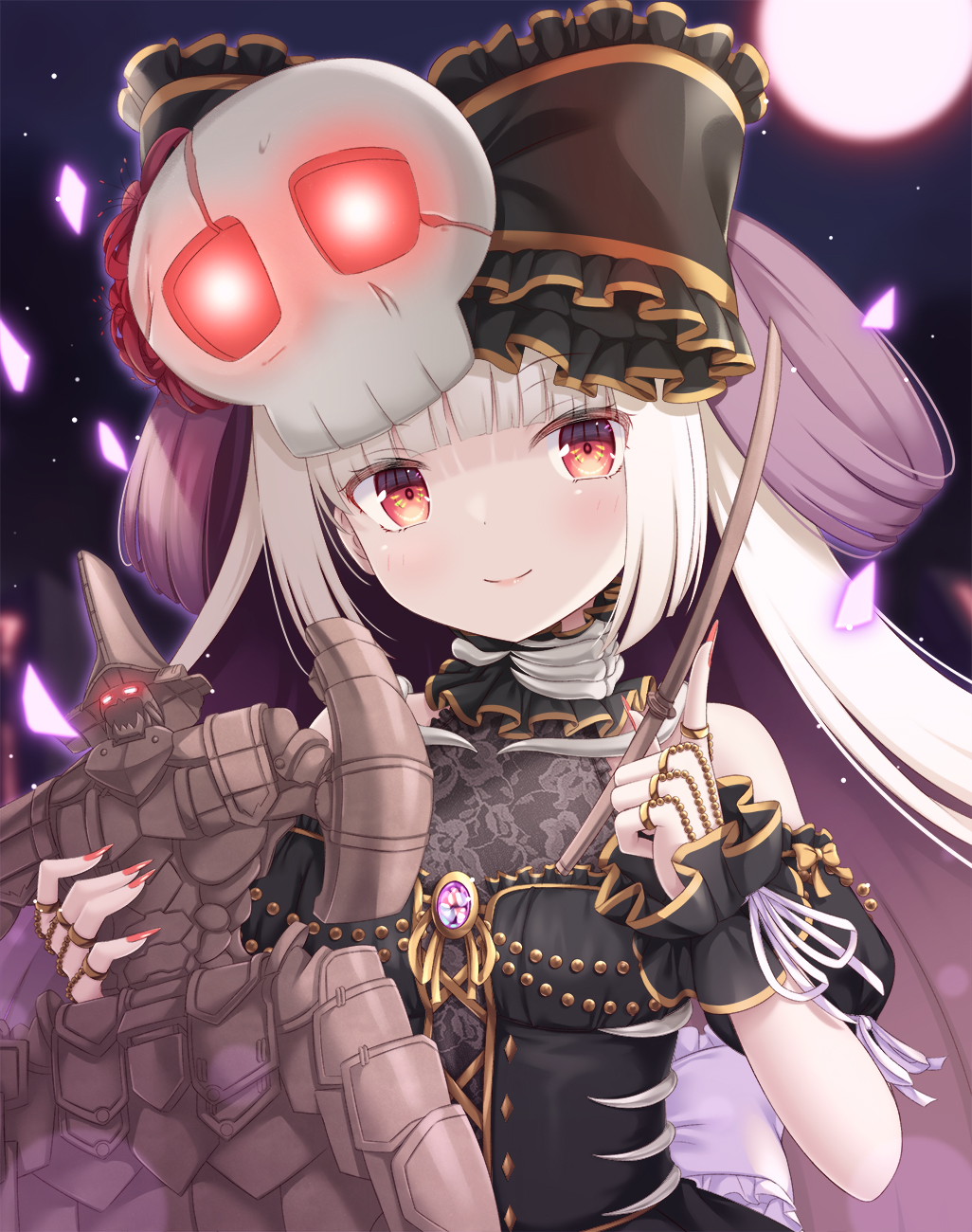 1girl, back_bow, bare_shoulders, black_dress, blurry, blurry_background, blush, bone