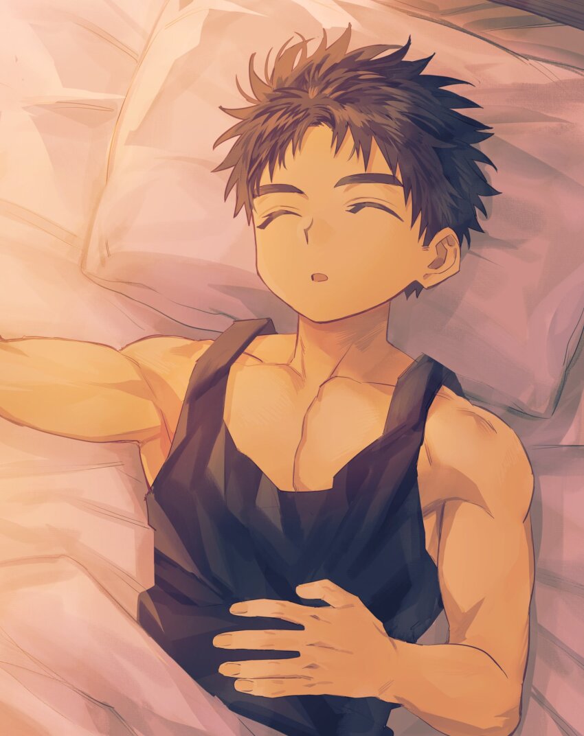 1boy, aged_down, bed, black_hair, black_tank_top, blue_eyes, child, closed_eyes
