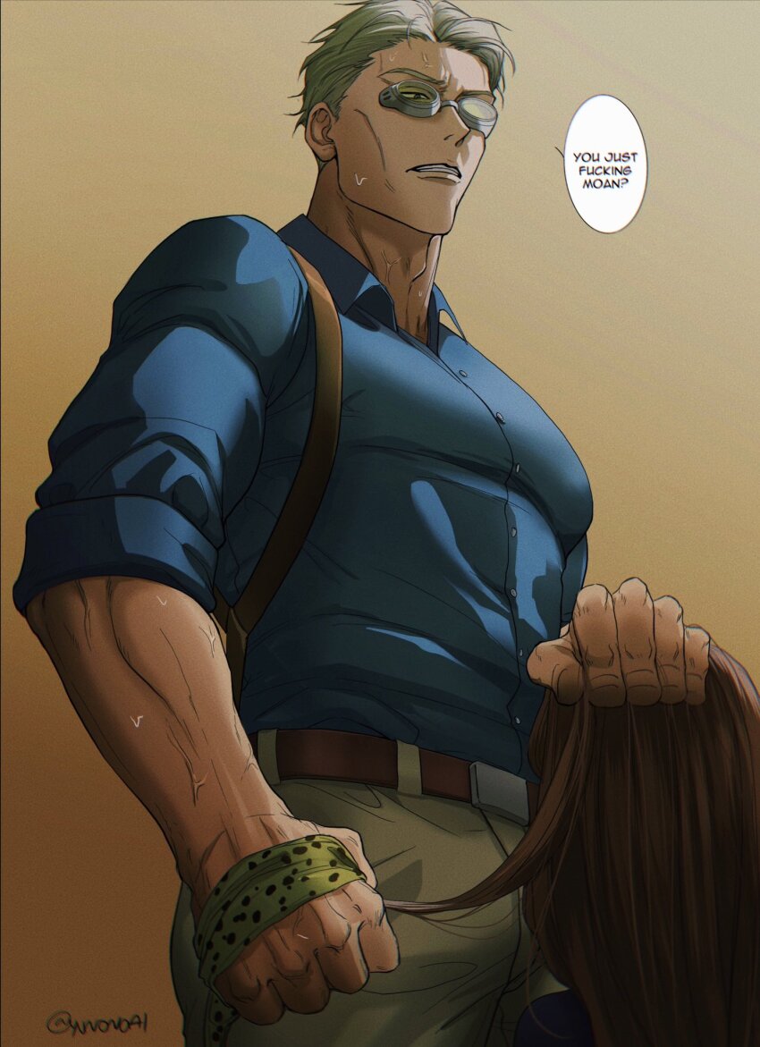 1other, adam's_apple, blonde_hair, cheekbones, clenched_hand, collared_shirt, derivative_work, from_below