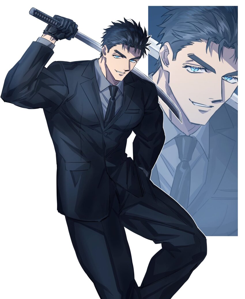 1boy, bara, black_hair, black_necktie, black_pants, black_suit, blue_eyes, domo_(domo_kizusuki)