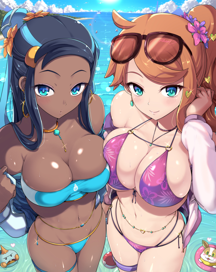 2girls, asymmetrical_docking, bikini, black_hair, blue_eyes, breast_press, breasts, closed_mouth