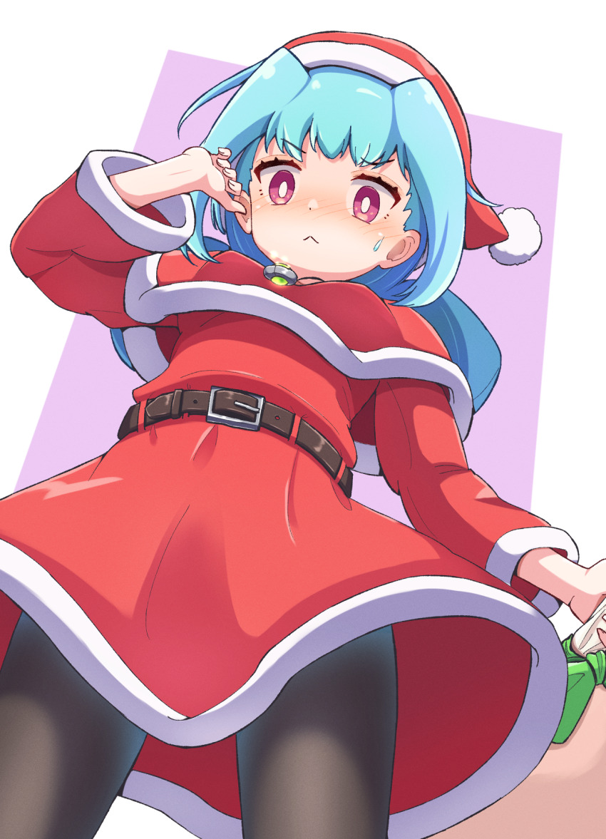 1girl, :<, belt, black_pantyhose, blue_hair, bright_pupils, brown_belt, capelet