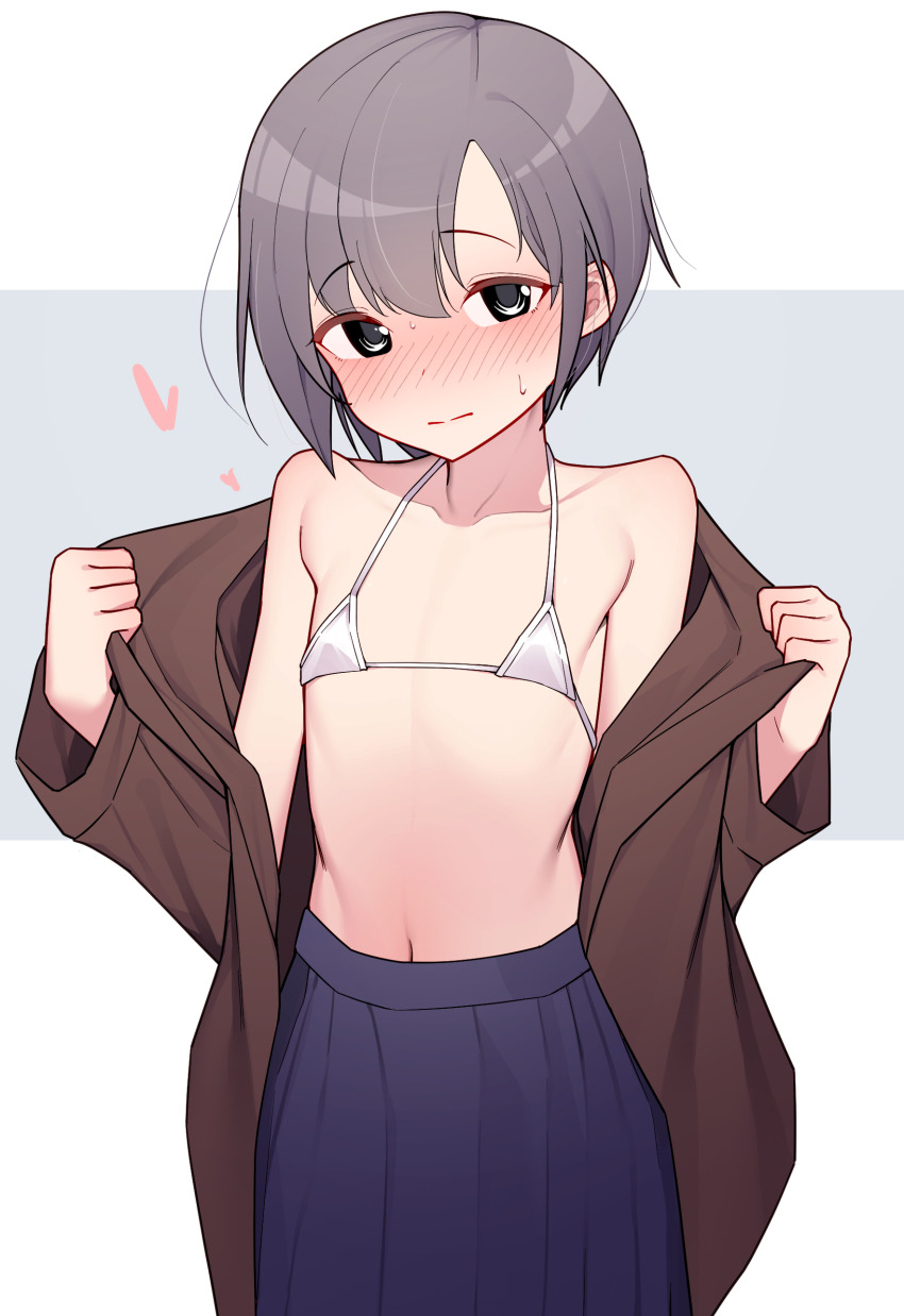 1girl, absurdres, bikini, bikini_top_only, blue_skirt, blush, brown_coat, coat