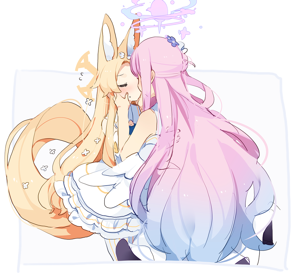 2girls, angel_wings, animal_ears, bare_shoulders, blonde_hair, blue_archive, blush, closed_eyes