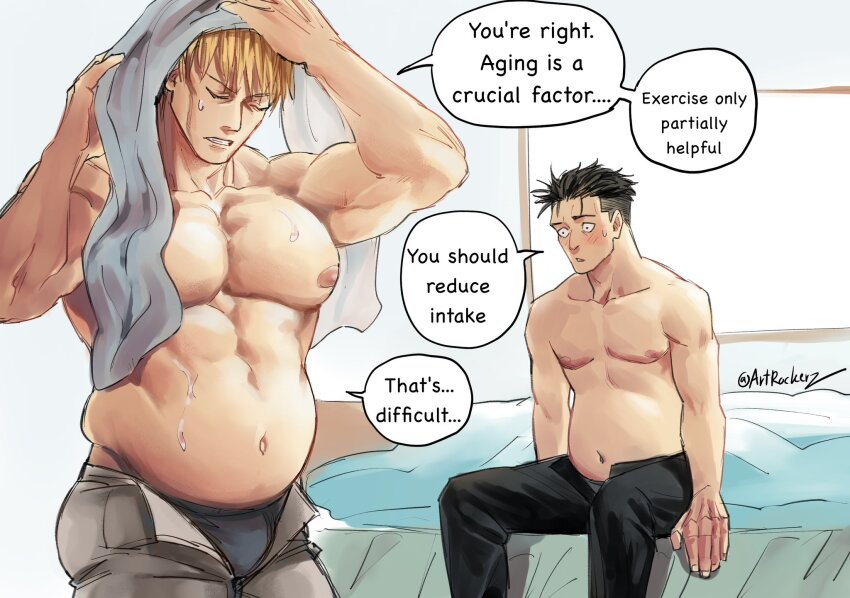 2boys, abs, after_bathing, afterglow, alternate_muscle_size, artrockerz, bara, belly