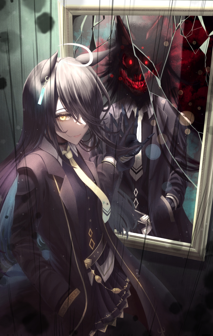 1girl, absurdres, aderi1020, ahoge, animal_ears, black_choker, black_coat, black_hair