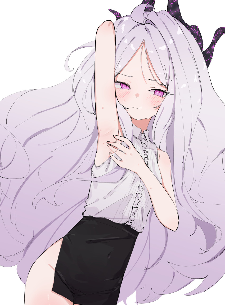 1girl, absurdres, ahoge, arm_up, armpits, bare_arms, bare_shoulders, black_halo