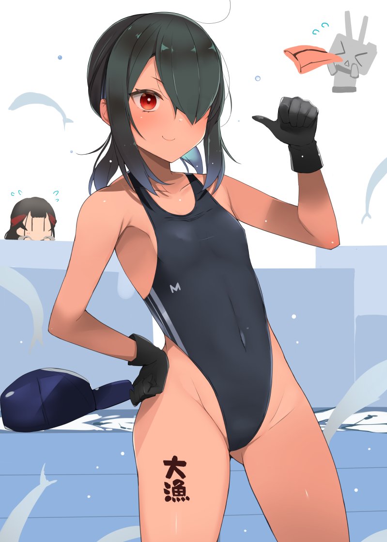 2girls, bare_arms, bare_legs, bare_shoulders, black_gloves, black_hair, black_one-piece_swimsuit, blush
