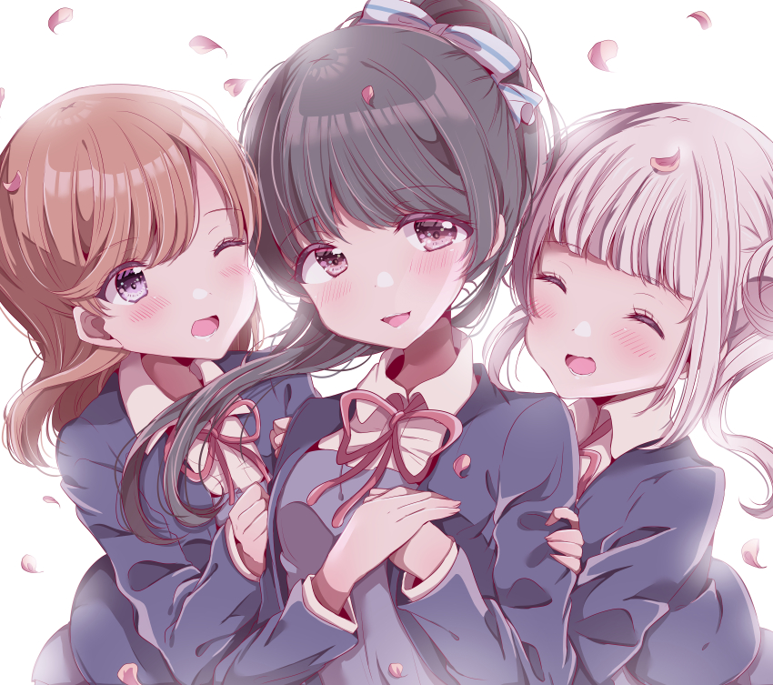 3girls, absurdres, arashi_chisato, brown_hair, hazuki_ren, highres, koron_(nekomeron), leaves