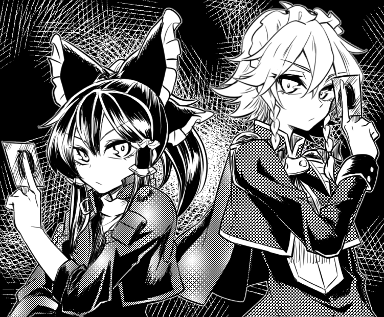 2girls, alternate_costume, between_fingers, bow, braid, card, card_between_fingers, closed_mouth, commentary_request, cosplay, frilled_bow, frilled_hair_tubes, frills, greyscale, hair_bow, hair_tubes, hakurei_reimu, holding, holding_card, izayoi_sakuya, jacket, joeri_(yu-gi-oh!)_(cosplay), kaya_rio, long_hair, long_sleeves, looking_at_viewer, maid_headdress, medium_hair, monochrome, multiple_girls, one-hour_drawing_challenge, ponytail, serena_(yu-gi-oh!), serena_(yu-gi-oh!)_(cosplay), touhou, twin_braids, yu-gi-oh!, joeri_(yu-gi-oh!)