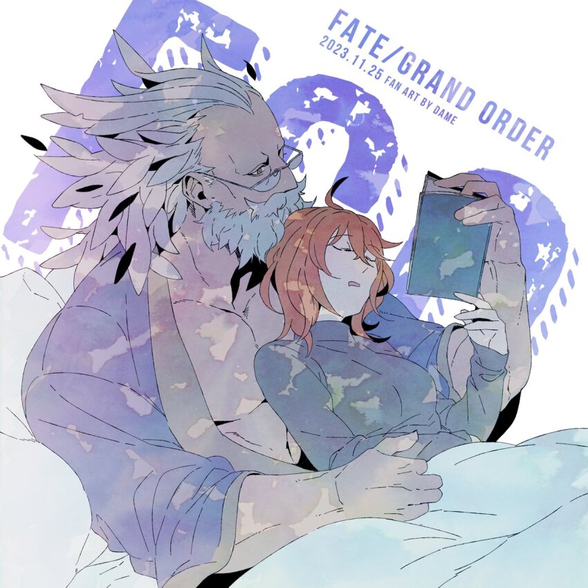 1boy, 1girl, abs, artist_name, bara, bare_pectorals, beard, blanket, book, closed_eyes, commentary_request, dame_(dame_ice), dated, facial_hair, fate/grand_order, fate_(series), fujimaru_ritsuka_(female), glasses, highres, holding, holding_book, lying_on_person, muscular, muscular_male, no_eyebrows, old, old_man, on_bed, open_mouth, orange_hair, pectorals, pillow, ptolemy_(fate), ptolemy_(third_ascension)_(fate), reading, sleeping, white_background, white_hair, wrinkled_skin