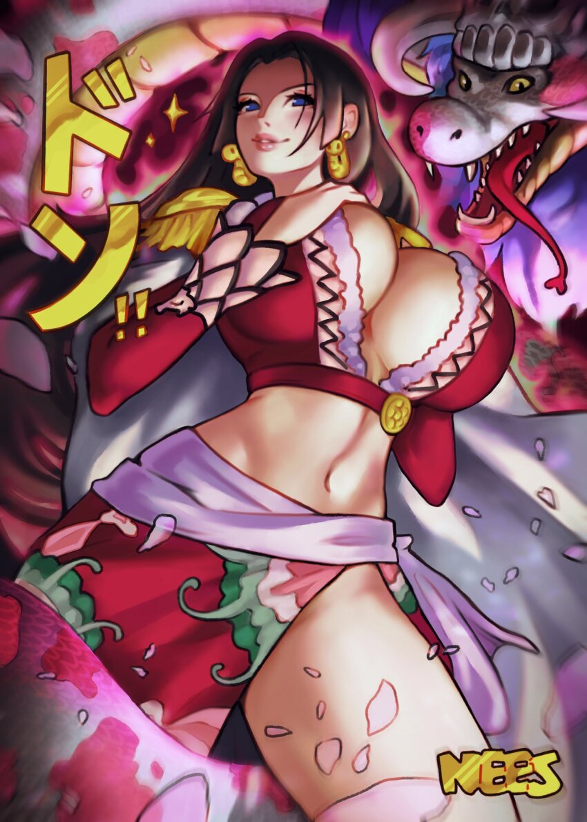 1girl, black_hair, blue_eyes, boa_hancock, breasts, cape, cleavage, commentary, commission, covered_navel, cowboy_shot, earrings, english_commentary, epaulettes, eyelashes, falling_petals, floral_print, fur_trim, hand_on_own_chest, highres, jewelry, large_breasts, long_hair, looking_at_viewer, midriff, neesorin, one_piece, open_clothes, parted_lips, petals, print_skirt, purple_sash, red_shirt, red_skirt, salome_(one_piece), sash, sharp_teeth, shirt, skirt, skull_on_head, smile, snake, snake_earrings, teeth, tongue, tongue_out, watermark, white_cape