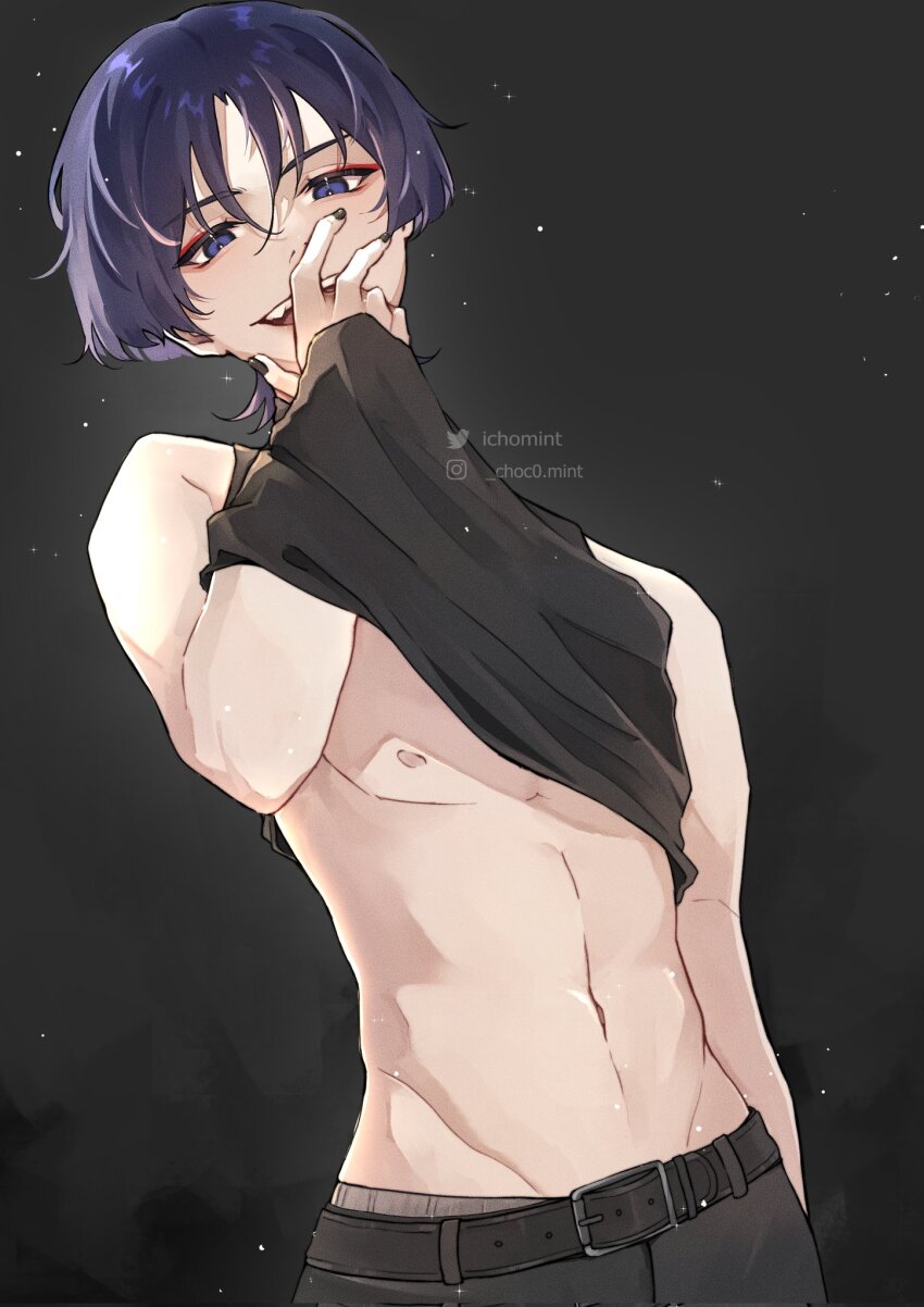 1boy, artist_name, belt, black_belt, black_nails, black_pants, black_shirt, blue_eyes, blue_hair, cowboy_shot, fingernails, genshin_impact, gradient_background, hair_between_eyes, highres, ichomint, looking_at_viewer, male_focus, nail_polish, navel, nipples, pants, scaramouche_(genshin_impact), shirt, short_hair, simple_background, smile, solo, standing, stomach