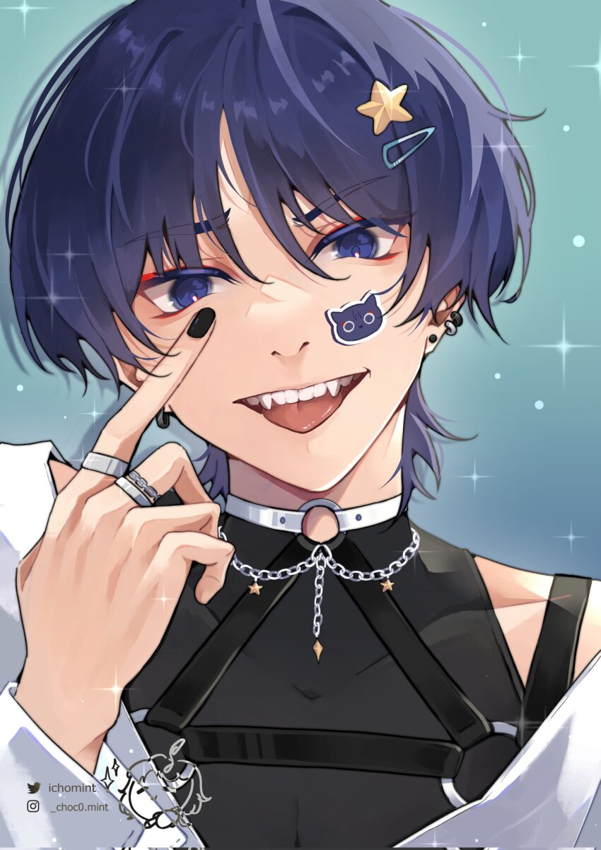 1boy, alternate_costume, black_nails, blue_eyes, blue_hair, commentary, earrings, english_commentary