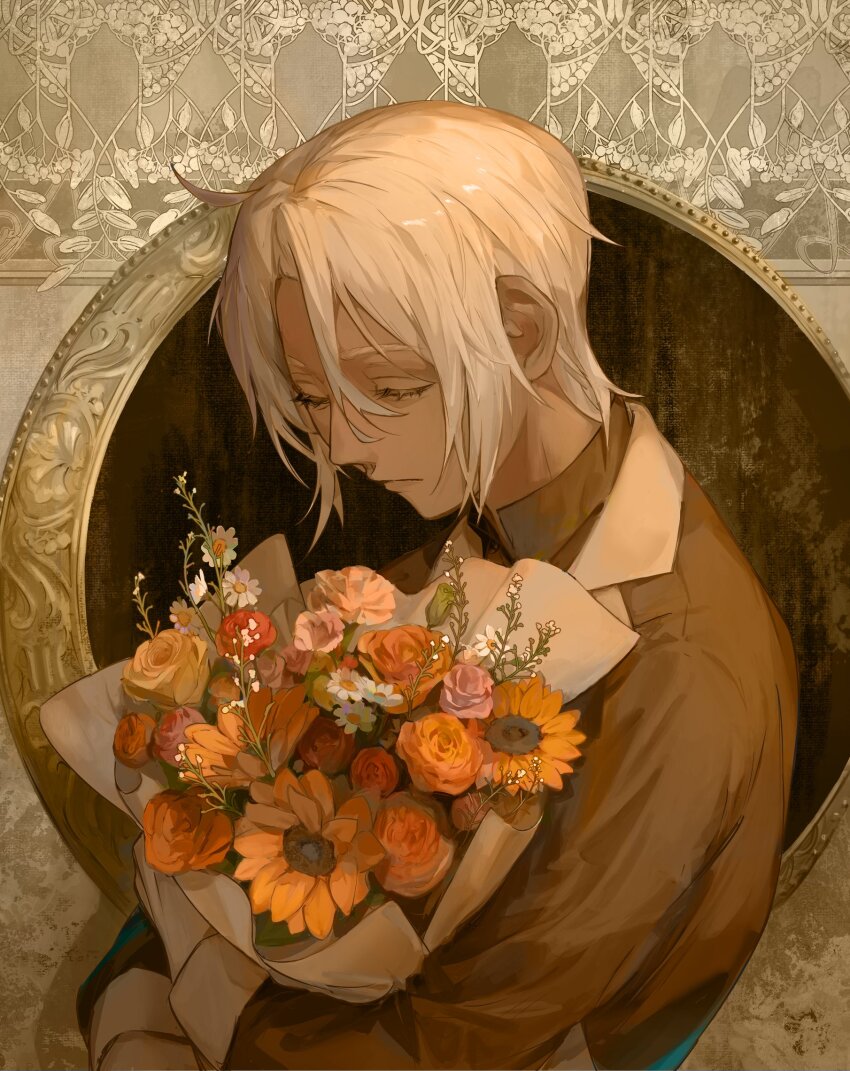 1boy, ahoge, black_shirt, bouquet, closed_eyes, closed_mouth, flower, gloves