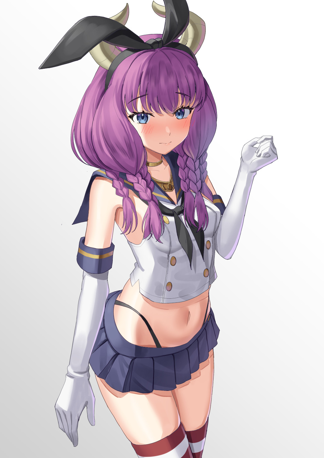 1girl, aura_(sousou_no_frieren), black_hairband, black_neckerchief, black_panties, blue_eyes, blue_sailor_collar, blue_skirt, blush, braid, closed_mouth, commentary_request, cosplay, crop_top, demon_girl, demon_horns, elbow_gloves, embarrassed, gloves, gold_choker, gold_necklace, gradient_background, hairband, hand_up, highleg, highleg_panties, highres, horns, jewelry, long_hair, looking_at_viewer, low-braided_long_hair, low-tied_long_hair, mayura_(lucadia), microskirt, midriff, multiple_braids, navel, neckerchief, necklace, panties, sailor_collar, shimakaze_(kancolle), shimakaze_(kancolle)_(cosplay), skirt, solo, sousou_no_frieren, striped_clothes, striped_thighhighs, thighhighs, underwear, white_gloves