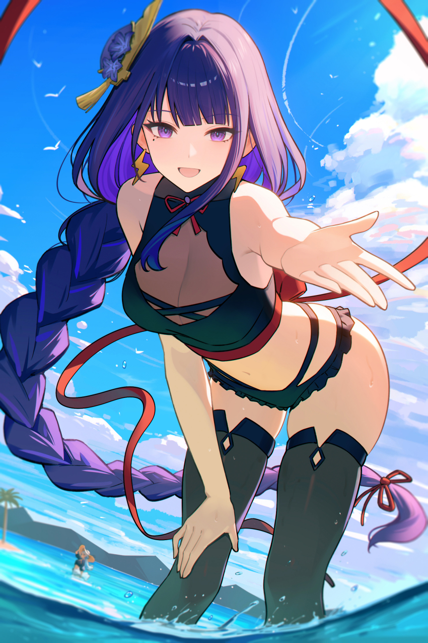 2girls, 95_(jiuwujiang), :d, absurdres, bare_arms, bare_shoulders, bikini, black_bikini, black_thighhighs, blue_sky, cloud, commentary, day, earrings, furina_(genshin_impact), genshin_impact, hand_on_own_thigh, highres, jewelry, leaning_forward, lightning_bolt_earrings, lightning_bolt_symbol, long_braid, long_hair, looking_at_viewer, multiple_girls, navel, ocean, open_mouth, purple_eyes, purple_hair, raiden_shogun, sky, smile, solo_focus, standing, stomach, swimsuit, thighhighs, very_long_hair, water