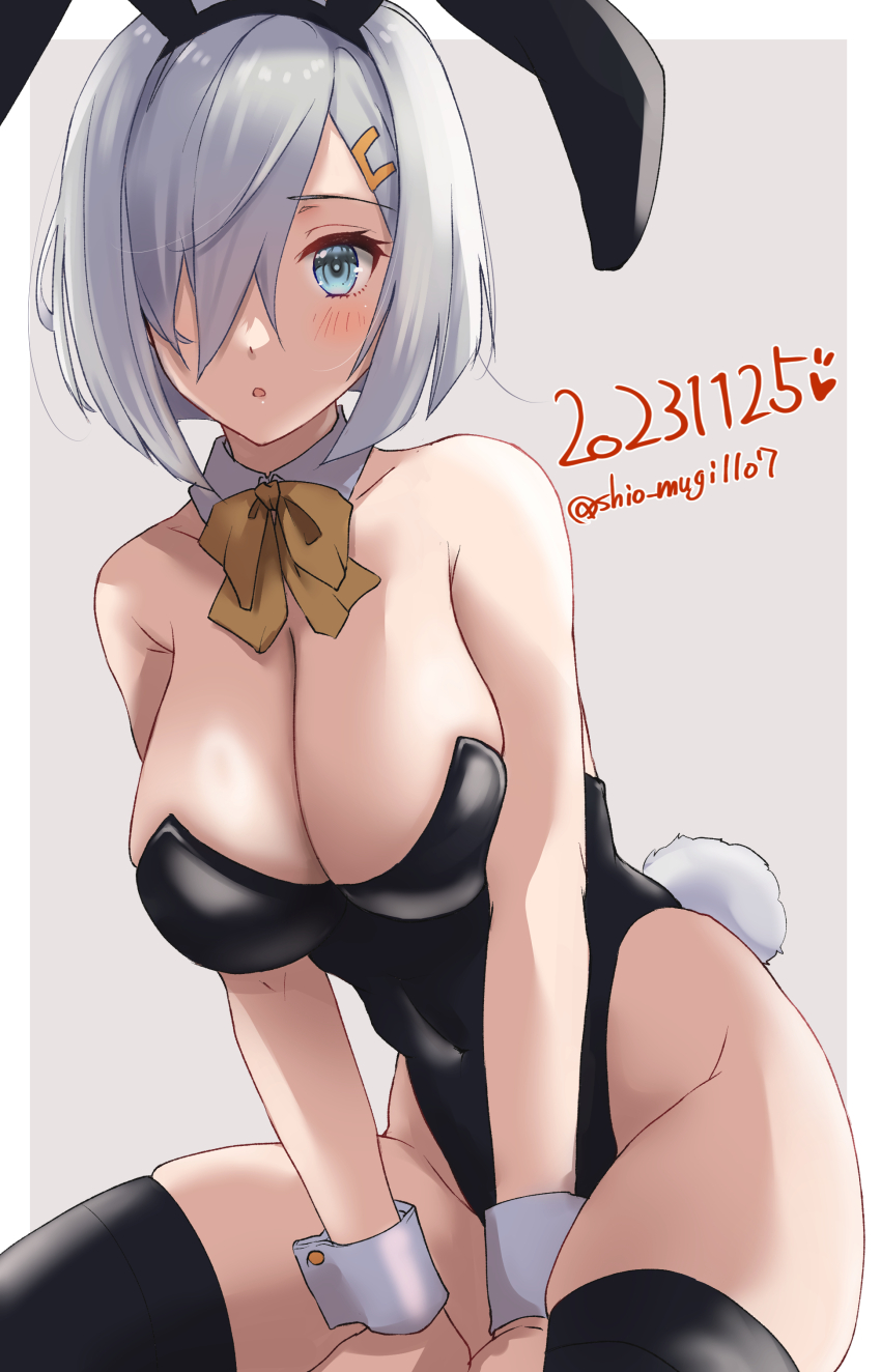 1girl, absurdres, animal_ears, between_legs, black_leotard, black_thighhighs, blue_eyes, border, bow, bowtie, breasts, brown_background, covered_navel, dated, detached_collar, fake_animal_ears, grey_hair, hair_ornament, hair_over_one_eye, hairclip, hamakaze_(kancolle), highres, kantai_collection, large_breasts, leotard, looking_at_viewer, playboy_bunny, rabbit_ears, shiomugi_(shio_mugi1107), short_hair, solo, strapless, strapless_leotard, thighhighs, traditional_bowtie, twitter_username, white_border, wrist_cuffs