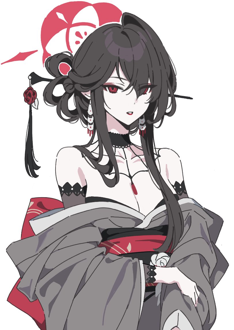 1girl, 7peach, black_hair, blue_archive, breasts, cleavage, collarbone, eyes_visible_through_hair