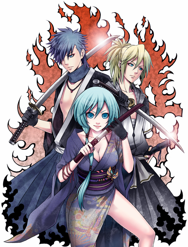 1girl, 2boys, aqua_eyes, aqua_hair, blonde_hair, blue_eyes, blue_hair, breasts