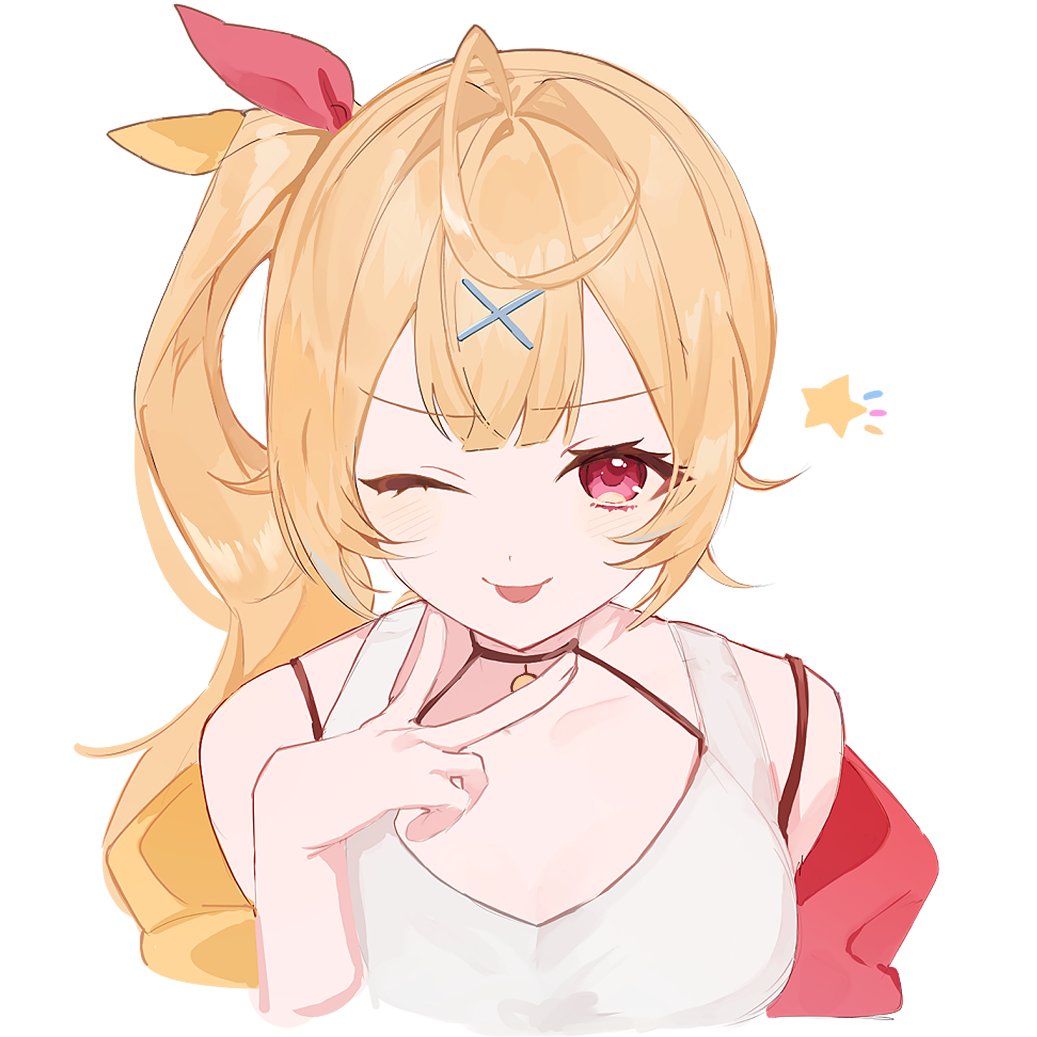 ;p, ahoge, blonde_hair, hair_ornament, hoshikawa_sara, hoshikawa_sara_(1st_costume), long_hair, nijisanji