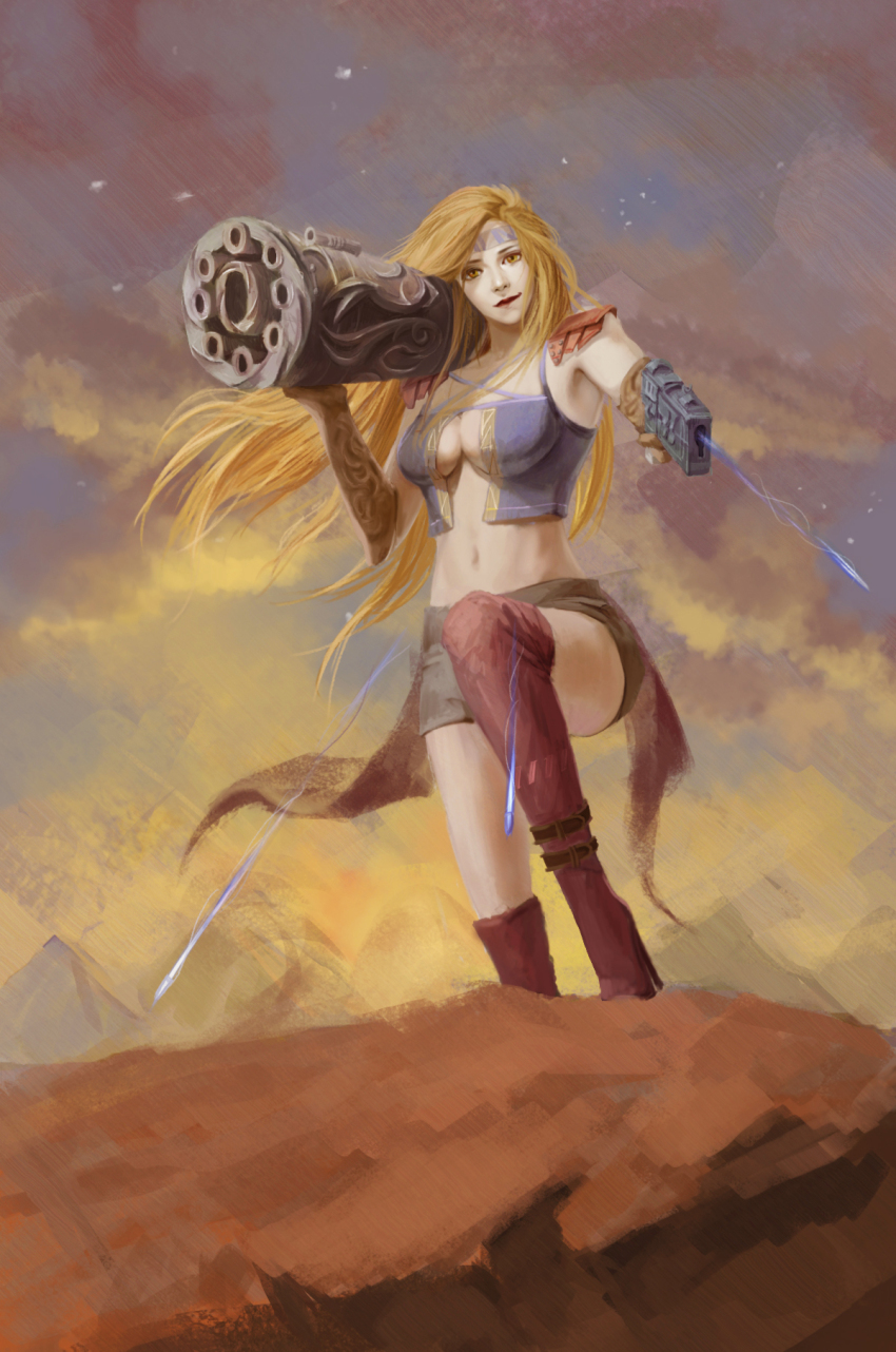 1girl, adora_zhang, blonde_hair, breasts, brown_gloves, dancing_rain, day, dual_wielding
