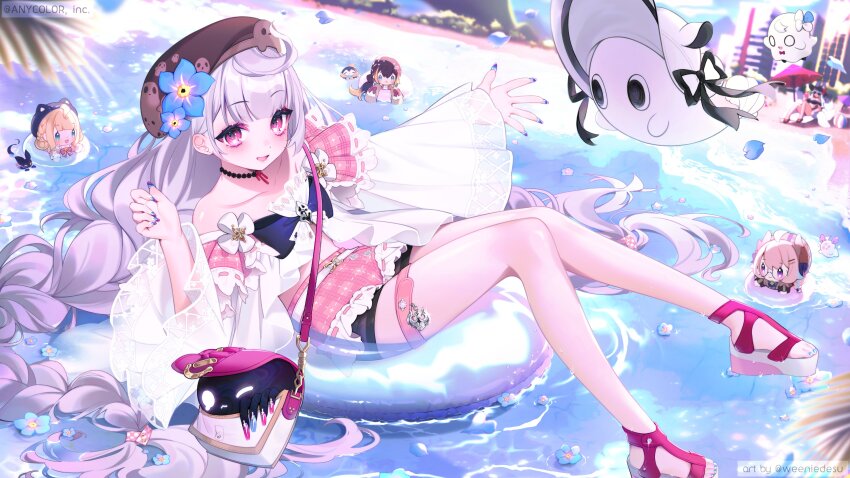 2girls, absurdres, ahoge, bag, beach, bikini, black_bikini, blue_flower