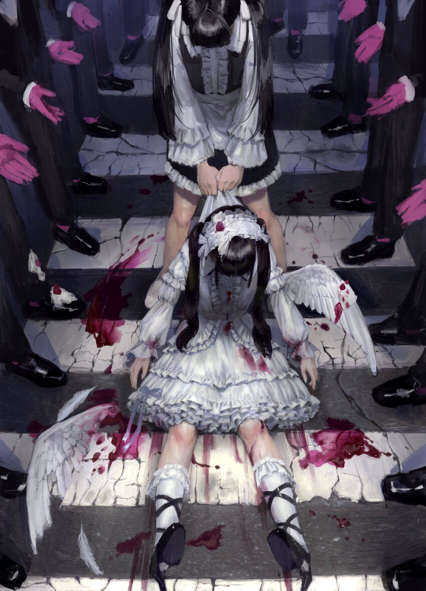 2girls, 6+boys, absurdres, angel, angel_wings, black_dress, black_footwear, black_hair, bonnet, bow, crosswalk, dragging, dress, feathered_wings, feathers, food, frilled_dress, frills, fruit, hair_bow, hatena_(nazequestion), high_heels, highres, injury, layered_dress, lolita_fashion, multiple_boys, multiple_girls, original, puffy_sleeves, raspberry, severed_wings, shoes, socks, twintails, whipped_cream, white_bow, white_dress, wings
