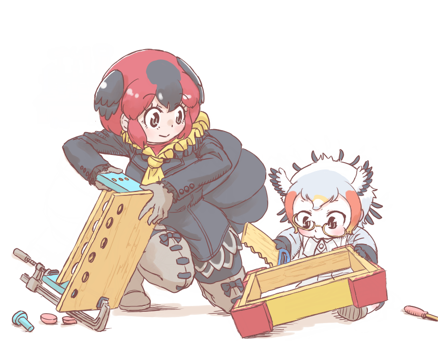 2girls, aged_down, australian_brushturkey_(kemono_friends), bird_girl, bird_wings, black_gloves, black_hair, black_jacket