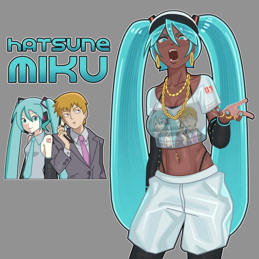 1boy, 1girl, ai-generated_art_(topic), alternate_skin_color, aqua_eyes, aqua_hair, aqua_nails, breasts, character_name, character_print, commentary, cropped_shirt, dark-skinned_female, dark_skin, detached_sleeves, detroit_miku, earrings, english_commentary, face_piercing, grey_background, hat, hatsune_miku, highres, hoop_earrings, jewelry, lip_piercing, long_hair, looking_at_viewer, medium_breasts, midriff, mob_psycho_100, navel_piercing, necklace, necktie, nicuoi, open_mouth, piercing, print_shirt, reigen_arataka, ring, self_character_print, shirt, short_sleeves, shorts, simple_background, standing, twintails, very_dark_skin, very_long_hair, vocaloid, white_shorts